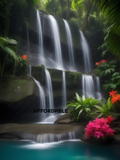 A waterfall with a pink flower in the foreground