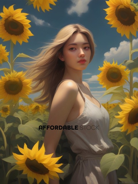 A woman in a dress stands in a field of sunflowers