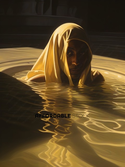A woman in a yellow veil is in a pool of water