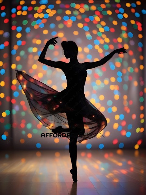 A silhouette of a ballerina dancing in front of a colorful backdrop