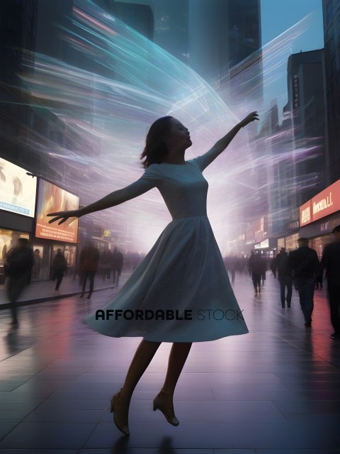 A woman in a white dress dances in a city
