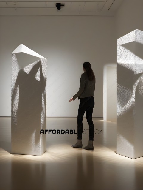 A woman standing in front of a white sculpture