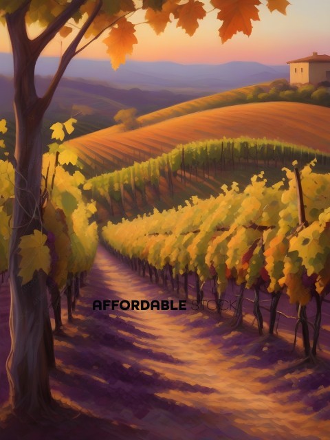 A painting of a vineyard with a path between the rows of vines