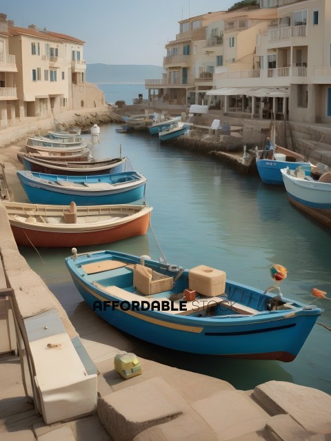 Boats in a harbor with a blue boat in the foreground