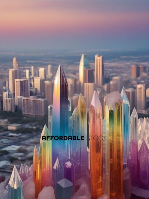 A cityscape with a skyline and a row of colorful crystal towers