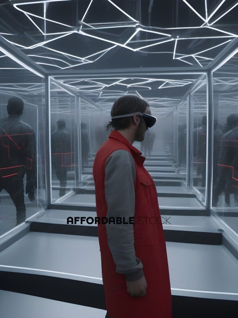 Man in Red Jacket and Goggles in a Glass Enclosure