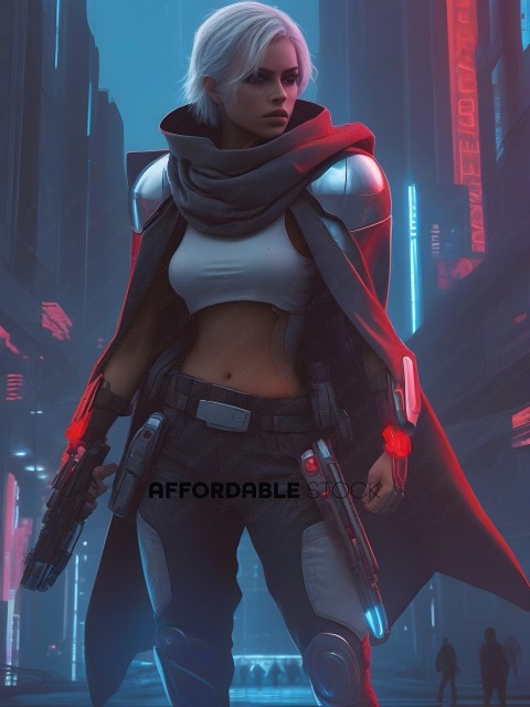 A woman in a futuristic outfit with guns