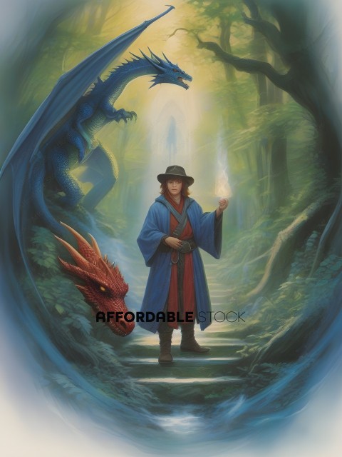 A woman in a blue robe stands in front of a dragon