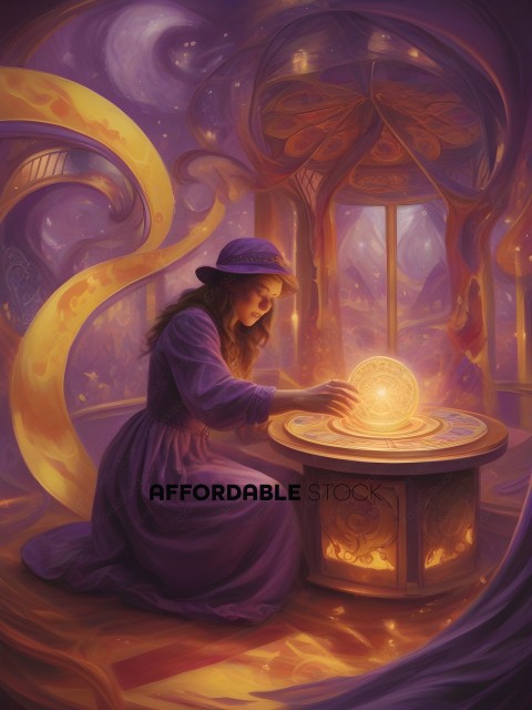 A young girl in a purple dress sits before a magical ball
