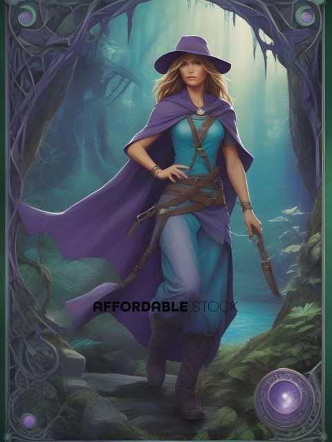 A woman in a blue dress and purple cape is holding a sword