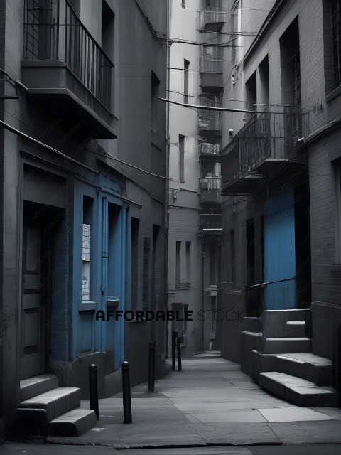 A narrow alleyway between two buildings with blue doors