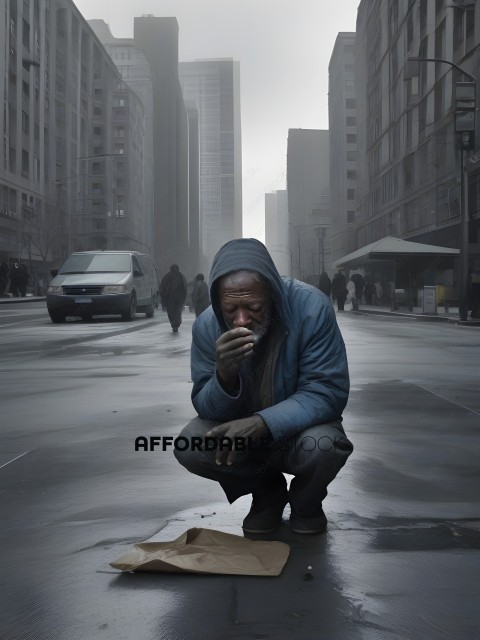 A homeless man in a blue jacket and hoodie sitting on the ground in the rain