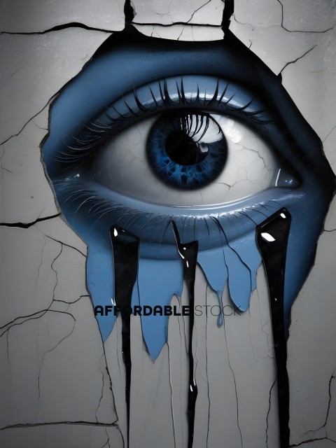 A cracked and broken eye with a blue tear running down it
