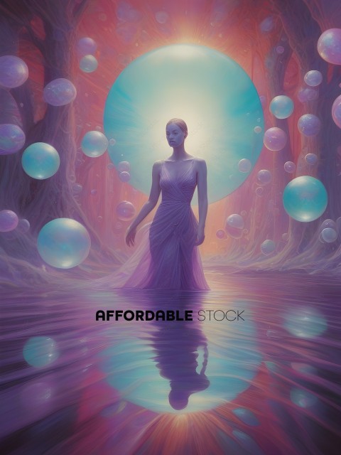 A woman in a purple dress stands in a pool of water surrounded by bubbles