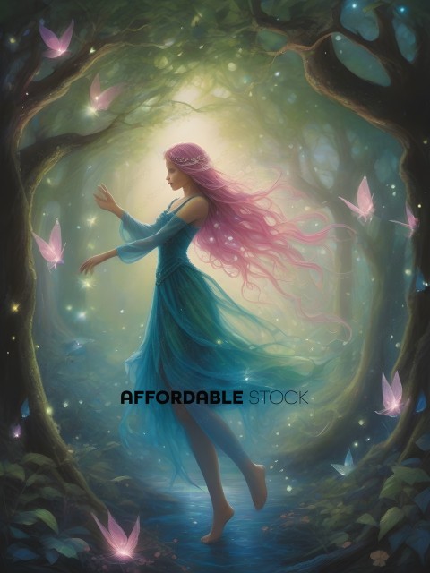 A woman in a blue dress with pink and purple hair stands in a forest with butterflies