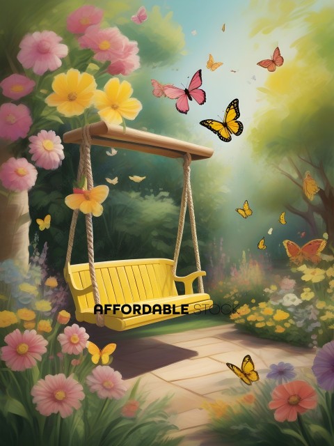 A yellow swing with butterflies and flowers