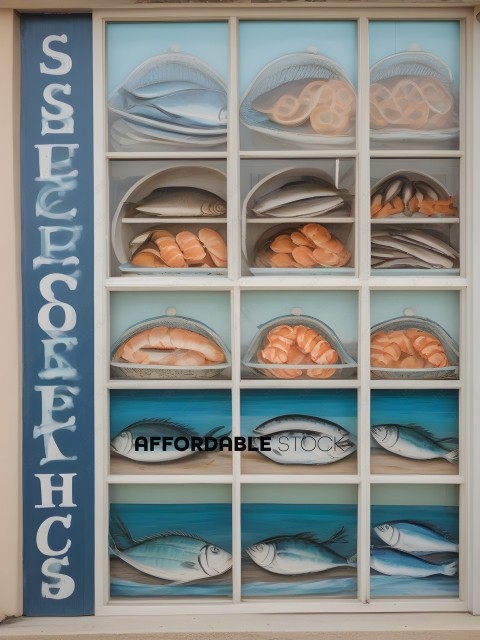 A display case with fish and bread