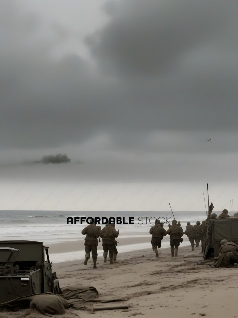 Soldiers marching on beach with dark clouds in background