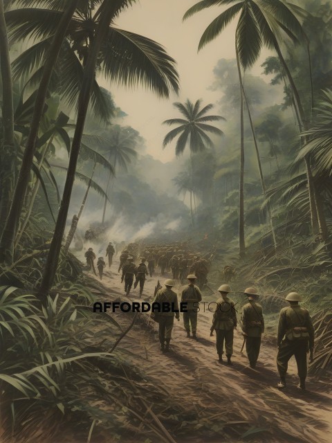 A group of soldiers marching through a jungle