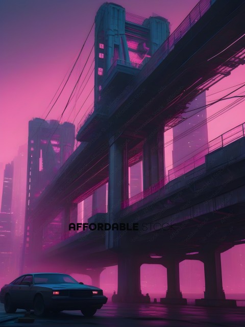 A car driving under a bridge in a foggy city