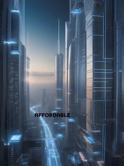 A futuristic cityscape with a blue sky and a long road