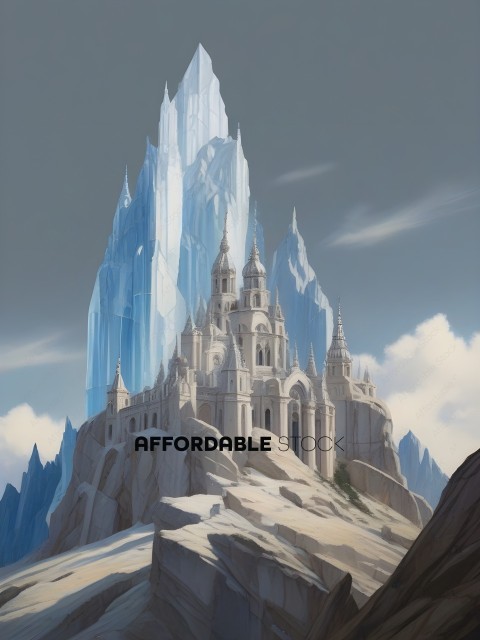 A castle with a blue ice tower in the background