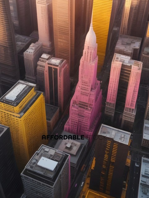 A cityscape with a pink building in the middle