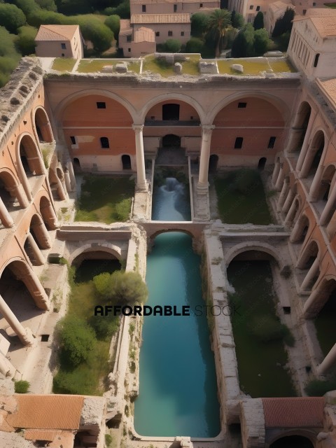 An aerial view of a large building with a water feature