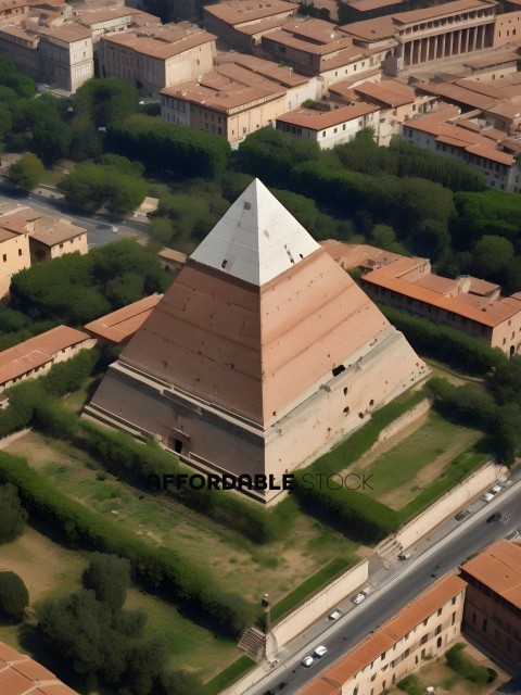 A large building with a pyramid roof in a city
