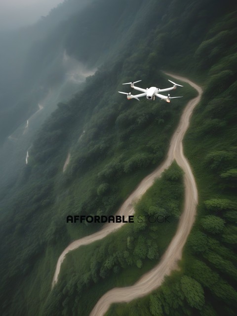 A drone flying over a winding road in the mountains