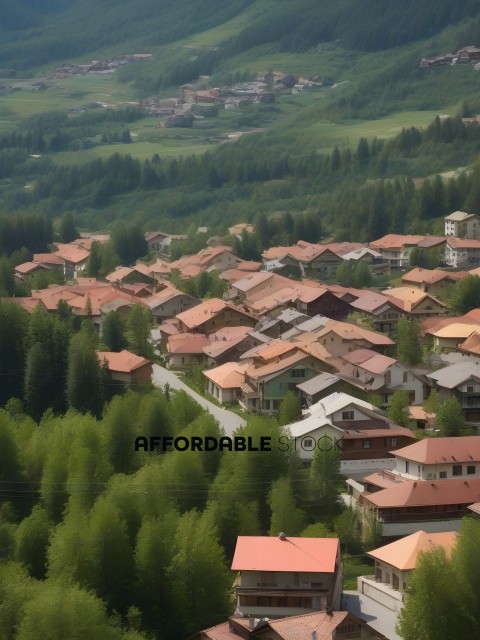 A view of a town with many houses and trees