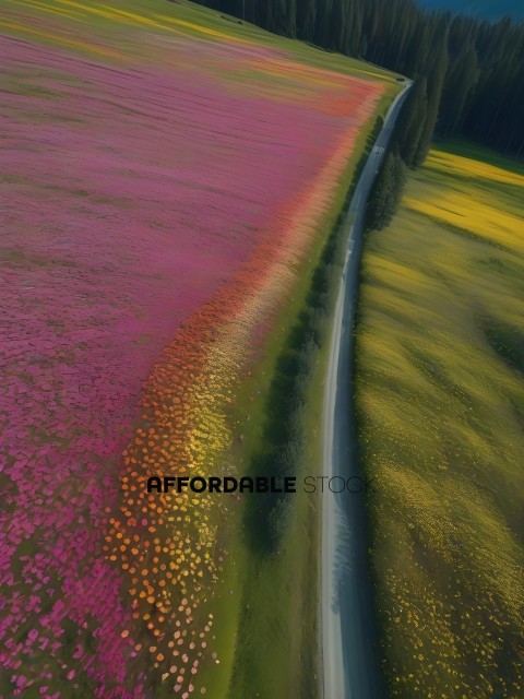 A colorful field with a road in the middle
