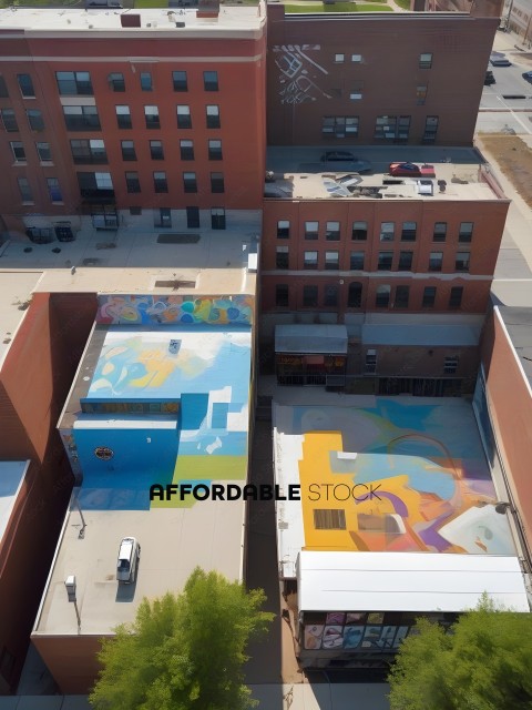 A colorful mural on a building with a parking lot in the background