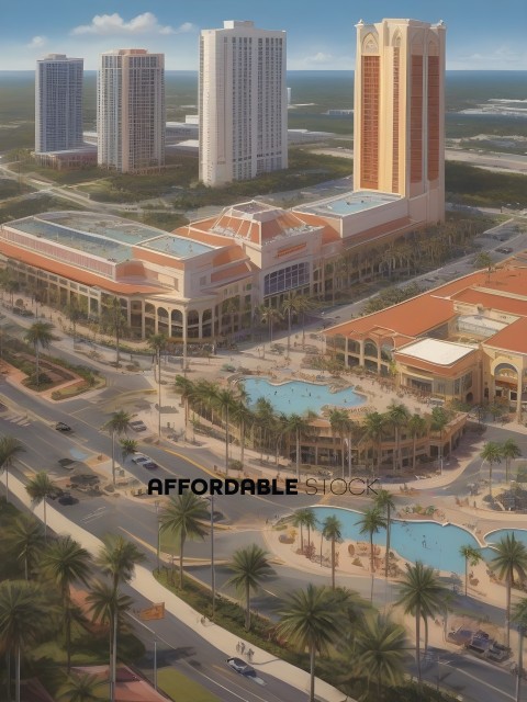 A cityscape with a large building and a pool
