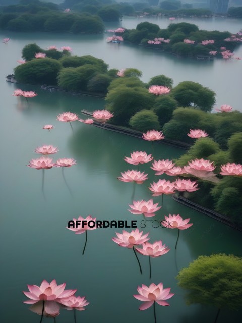 Pink flowers floating on a lake