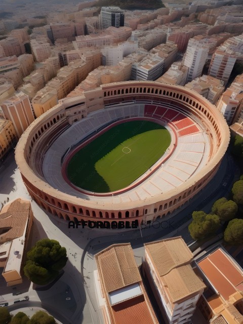 A stadium with a green field and red seats