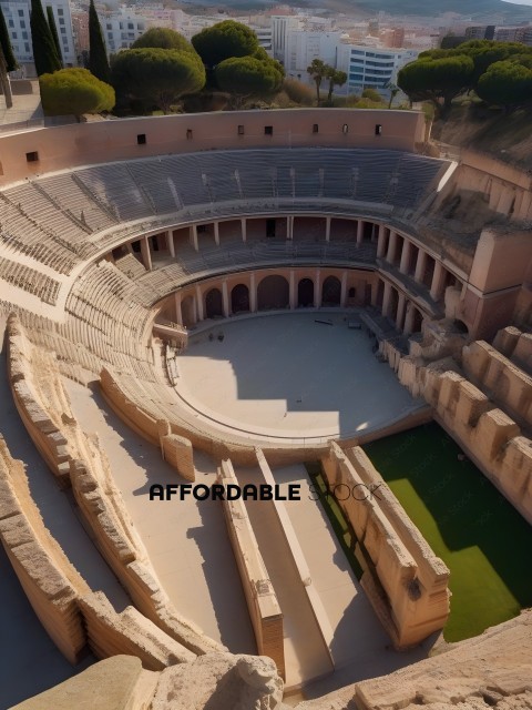An empty ancient theater with a green patch of grass