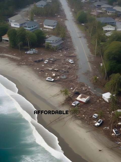 A beach with a lot of debris and vehicles