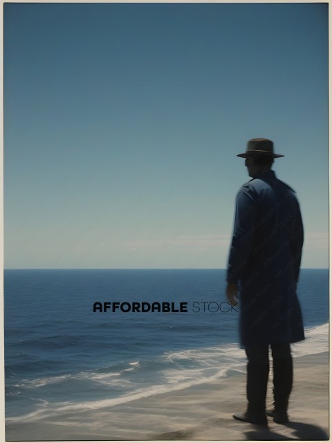 A man in a blue coat standing on a cliff overlooking the ocean