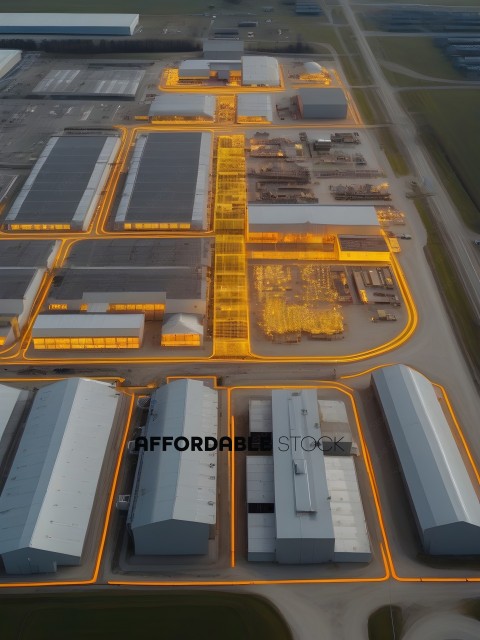 A view of a factory with yellow lights