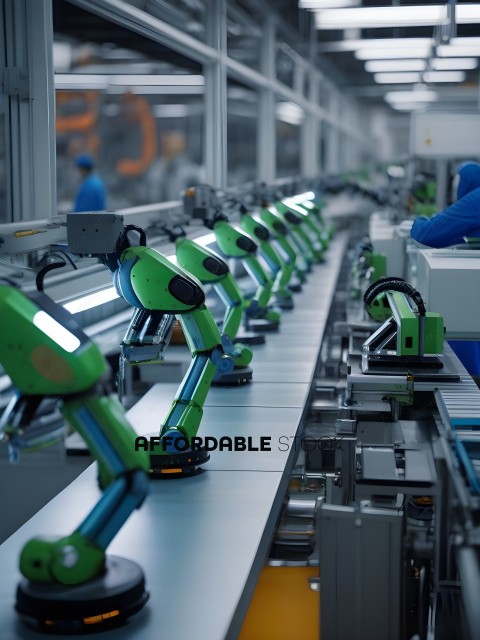 A row of green robots working on a conveyor belt