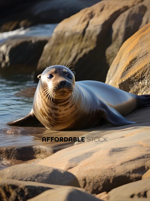 A seal lays on the shore, looking at the camera