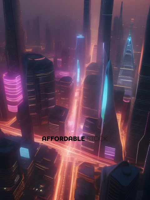 A futuristic cityscape with a pink glow