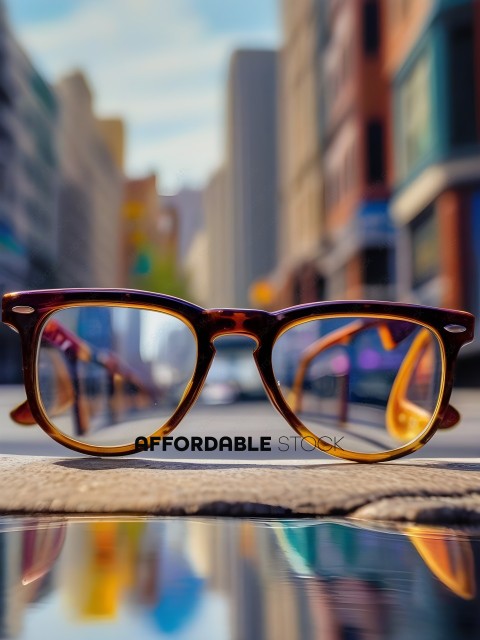 A pair of glasses with a reflection of a city street