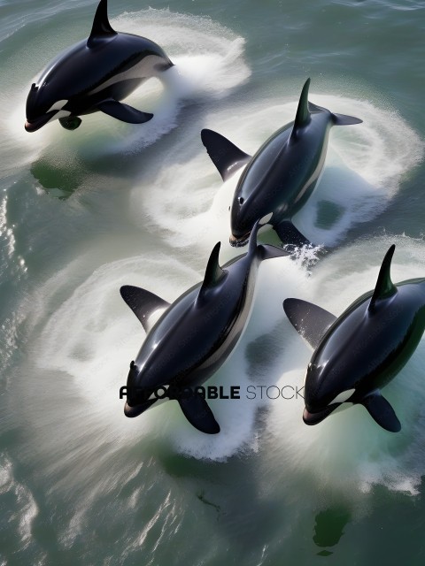 Three black and white killer whales in the ocean
