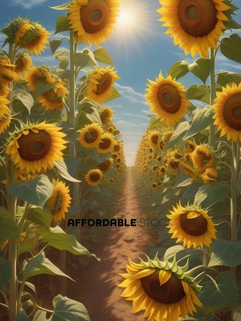 A field of sunflowers with a pathway in the middle