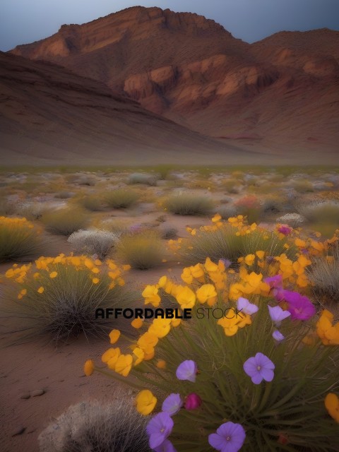 A field of flowers with a mountain in the background