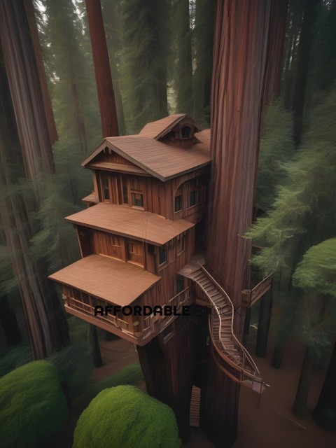 A tree house with a spiral staircase
