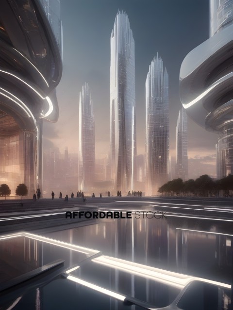 A futuristic cityscape with a reflective pool