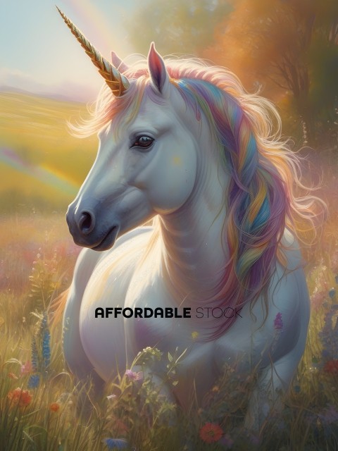 White Unicorn with Rainbow Hair in a Field of Flowers
